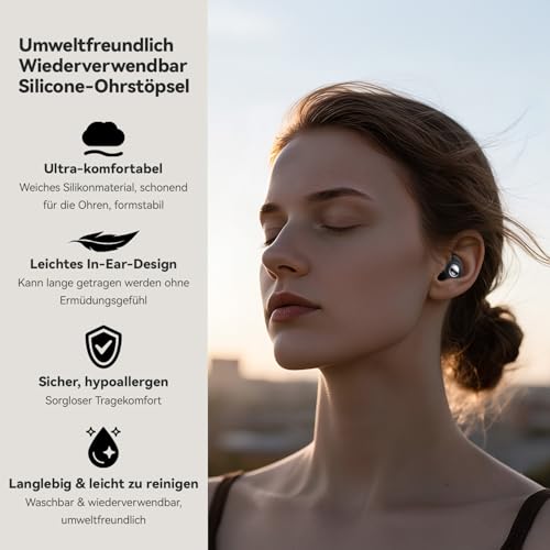 Ohrstöpsel zum Schlafen 45dB – Ultrabequeme, wiederverwendbare Silikon Ohrstöpsel mit geräuschunterdrückende & Gehörschutz | Für Konzentration, Reisen (Schwarz, 4 Größen (1 Set))