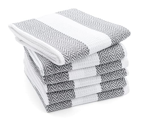 Pack Of 6, 100% Cotton Dish Towels, Gray Stripes Cotton Towels, Linen Dishtowels, Farmhouse Hand Towels, Herringbone Bar Towels, Linen Tea Towels, Gray Stripe Kitchen Towels, White With Gray 18X28 #TOP22