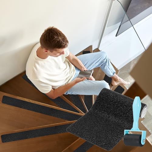 Cinta negra antideslizante de 15x61 cm para escalones de madera con rodillo de instalación
