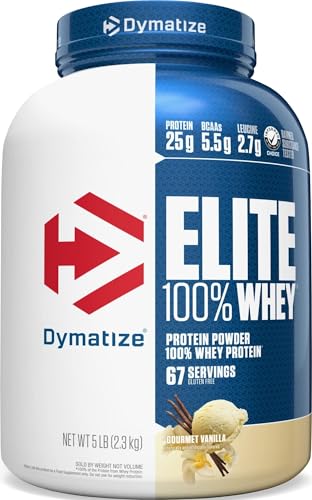 Image of Dymatize Elite 100% Whey Protein Powder, Vanilla, 25g of Protein, 5.5g BCAAs, Less Than 140 Cal., Gluten Free, 2g Carb, 2g Sugar, 3g Fat (67 Servings)