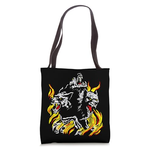 Cerberus with Flames Skulls Mythical Hells Guard Hell Dogs Tote Bag