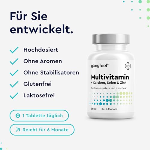 Multivitamin Tabletten - wertvolle Mineralstoffe & alle A-Z Nährstoffe im Komplex - Halbjahresvorrat - 180 kleine, leicht zu schluckende Tabletten - Immun-Support* - 100% laborgeprüft