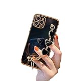 YKCZL Compatible with iPhone 12 Pro Max Luxury Plating Soft TPU Case with Love Heart Chain Bracelet Strap Shiny Pretty Cute Protective Cover for iPhone 12 Pro Max for Women Girl（Black）