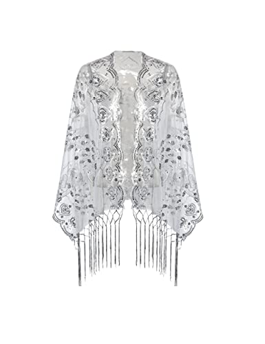 Image of BABEYOND 1920s Sequined Shawl Wraps for Women Fringed Evening Cape Wedding Bridal Shawl Scarf for Evening Dresses Party