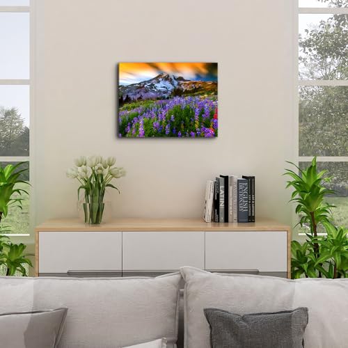 Image of Mt Rainier Mountain Wall Art Sunset Nature Picture Canvas Prints for Living Room Modern Office Home Decor Natural Poster Purple Wildflower Scenic Painting Wilderness Artwork Bedroom Decoration 12x16 inch