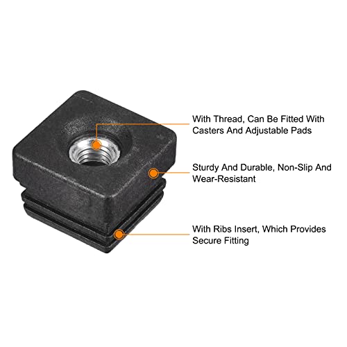 Image of uxcell 8Pcs Inserts for Square Tubes with M10 Thread, for 1.26 inchx1.26 inch OD Square Tube, Square Black Plastic Plug Caster Insert Chair End Caps Furniture Leg Plug