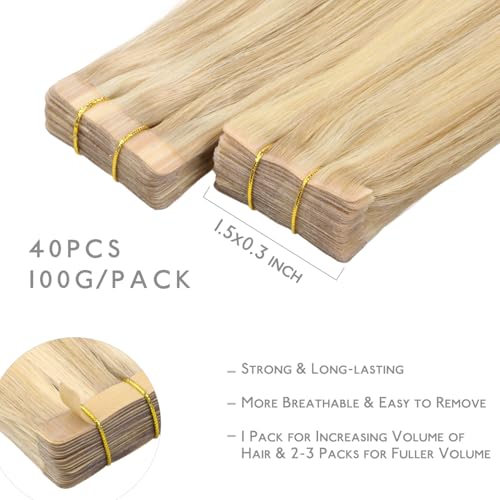 Image of WENNALIFE Invisi Edge Tape in Hair Extensions Human Hair,#16 /22,20 Inch | 20 Inch 100g 40pcs (Invisi Edge & Classic) Light Blonde Highlighted Golden Blonde Invisi Injected Remy Hair Seamless