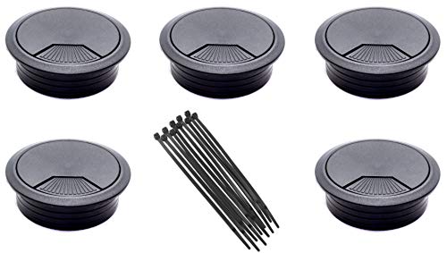 Maple Hill 2 3/8 Inch Cable Desk Grommet Cord Organizer Black Includes Zip Ties 5 Pack