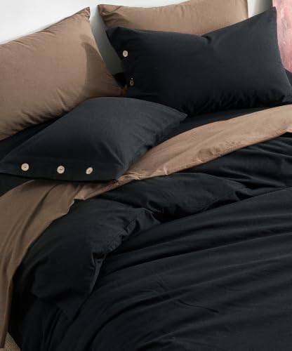 Image of JELLYMONI 100% Washed Cotton Black Duvet Cover Cal King, Linen-Like | OEKO-TEX Certified, Soft, Breathable Percale Bedding with Natural Wrinkle Texture, Button Closure, 3-Piece Set, 104 inchx98 inch