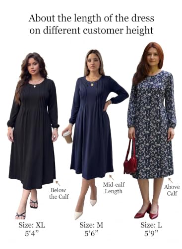 Image of Zeagoo Fall Dresses for Women Long Sleeve Midi Dress Casual A Line Dresses 2026 Pleated Flare Dress with Pockets