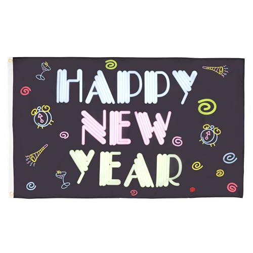 Drapeau Happy New Year (Néon) 150x90 cm 100D Polyester 2 Oeillets