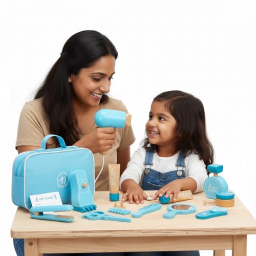 Image of Wudly Wooden Hair Dresser Play Set - Kids' Pretend Hair Salon with Mirror, Comb, Scissors, Hair Dryer & Styling Accessories for Imaginative Play