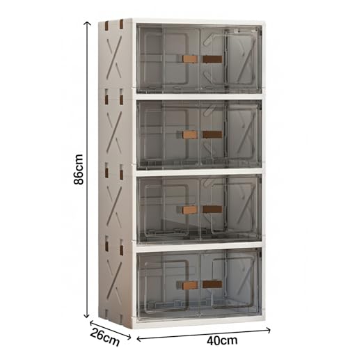 Image of House of Quirk 4 Layer Plastic Storage Box - Flip Storage Box, Foldable with 2 Door, Free Installation, Storage Wardrobe & Home Organizer (40cm, Transparent, Cream)