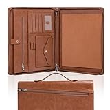 Calfinder Vegan Leather Padfolio with Zipper&Handle,Brown Padfolios for Women&Men,Business Portfolio Organizer for Ipad,Notepad Folder with Phone Pocket and Card Holder,Portfolio Binder