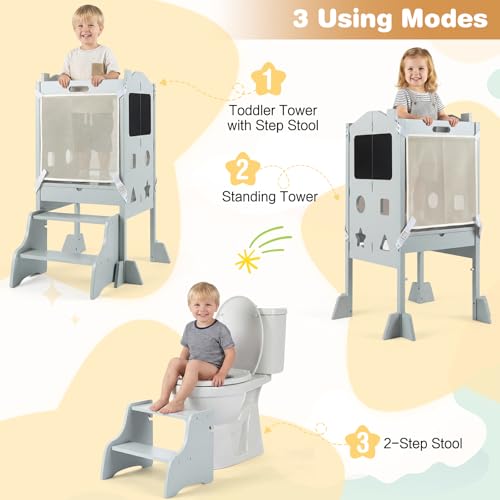 Image of Costzon Folding Toddler Step Stool with Chalkboards, 4-in-1 Standing Kitchen Tower w / 2-Step Stool, Safety Nets & Anti-Tip Feet, Wooden Toddler Tower Foldable for Boys & Girls Aged 2+ (Grey)