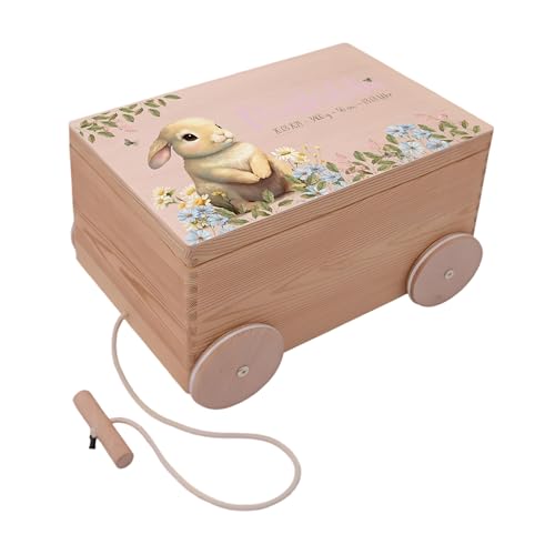 Kidsmood - Spielzeugwagen, personalisiert mit Namen – Spielzeugkiste zum Ziehen, Holzkiste mit Deckel, Aufbewahrungsbox für Baby Spielzeuge, Tolle Erinnerungskiste Baby, Geschenk zur Geburt & Taufe