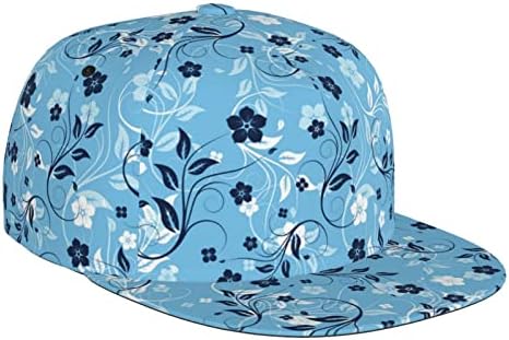 Quzioxe Blue Floral Flat Bill Brim Cap Hip Hop Hat Baseball Cap for Men Women Adjustable Square Flat Visor Back Trucker Snapback Hat