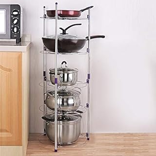 Home Kitchen Round Pan Pot Storage Shelf, 5-Tier Free Standing Stainless Carbon Steel Kitchen Bathroom Kitchenware Bath Stuff Organising Stand, Large Stable 101.5 * 35cm Home Stuff Organiser Rack