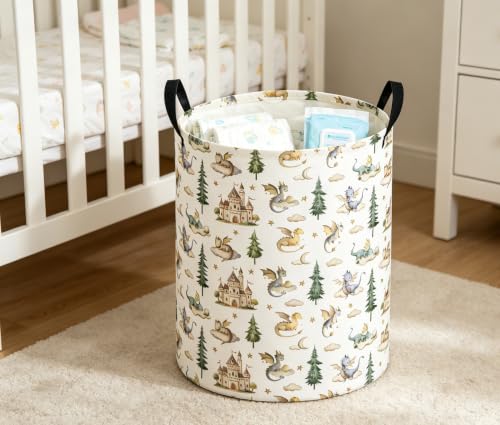 Image of Baby Laundry Basket Baby Nursery Hamper Kids Laundry Basket Toy Storage Bin for Boys Room Decor Gift Baskets for Bedroom Bathroom(Castle Dinosaur)