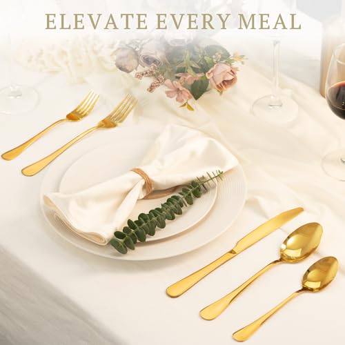 Image of Astercook Silverware Set 48-Piece Gold Flatware Set with Steak Knives Food-Grade Stainless Steel Cutlery Set for 8 Mirror Polished Utensils Set Include Spoons and Forks for Home Kitchen Restaurant