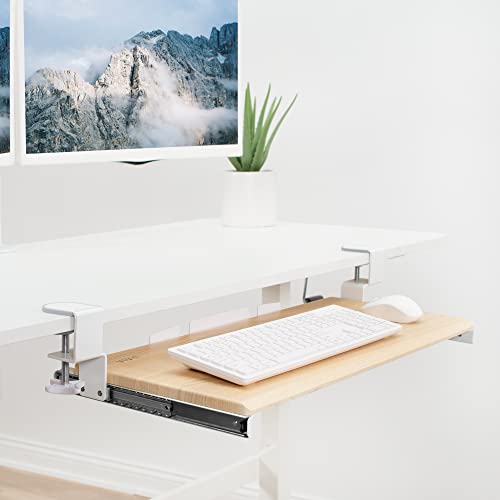 Image of VIVO Light Wood Large 27 x 11 in Under Desk Keyboard Tray, MOUNT-KB05A | Keyboard Tray for Typing, Slide Out Platform, Extra Sturdy C-Clamp Mount System, Computer Drawer, White Frame