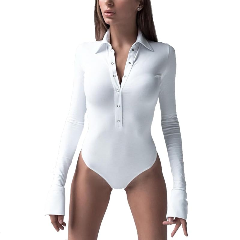 GenericWomens Button Up Bodysuit Long Sleeve Bodycon Tops Collared Body Suits Slimming Clothing