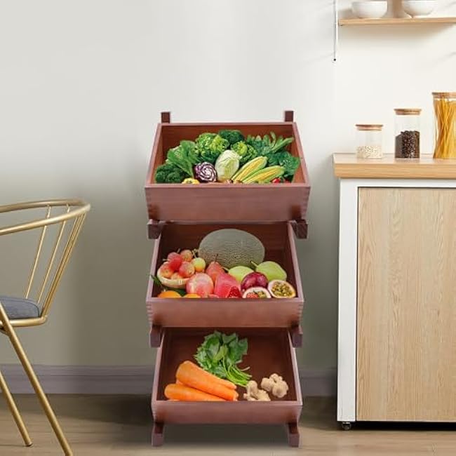 3 Tier Wood Fruit and Vegetable Basket Stand Rack for Kitchen, Fruit Basket for Kitchen, Utility Shelf Organizer, Organizer Bins Rack for Onions and Potatoes, Baskets, Brown