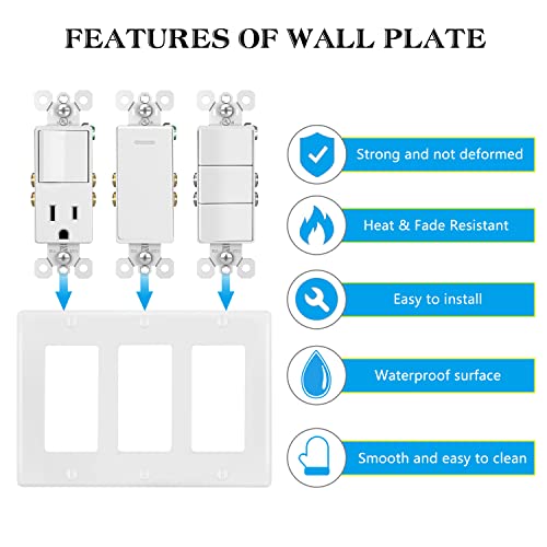 Switch Outlet Wall Plate Cover 3-Gang Decora Electrical Faceplate For Light Switches, Smart Switch,Dimmers, Gfci, Receptacle, Usb Outlet, White (3-Pack) #TOP2