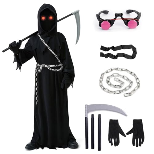 Disfraz Halloween Niño Muerte, Disfraz de la Muerte niño, Incluye Gafas Luminosas + Guadaña de la Muerte + Vadena + Guantes, Adecuado Para niños de 5 a 14 años