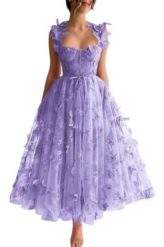 3D Butterfly Tulle Prom Dresses Tea Length Lace Appliques Embroidery A Line Formal Evening Party Gowns with Pockets