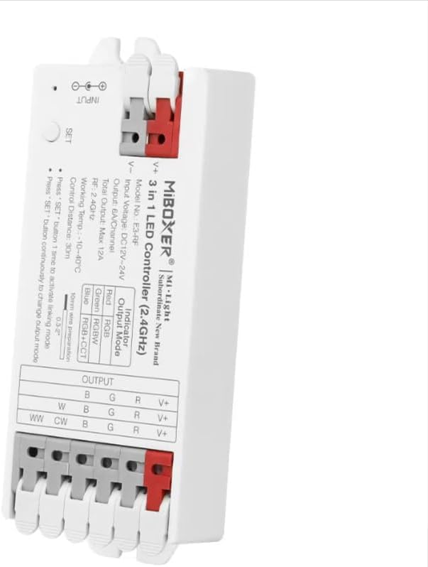MiBOXER E3-RF Controller showing input and output terminals