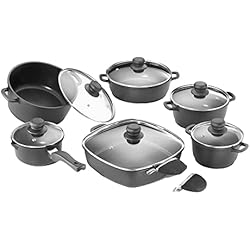 Ollas De Fundicion De Aluminio Karcher 112914 Batería de cocina de fundición de aluminio (12 piezas, recubrimiento antiadherente Teflon® Classic, incl. 1 par de agarradores Thermogrips) negra