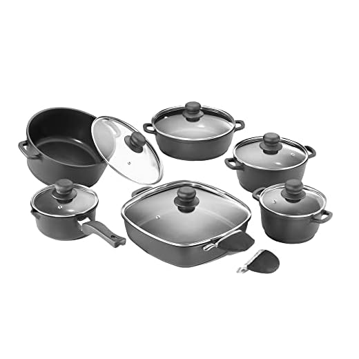 Karcher Batterie de cuisine en fonte d’aluminium, 12 pièces incl. 6 couvercle en verre, revêtement anti-adhésif Teflon-Classic, avec une paire de gants de protection thermique