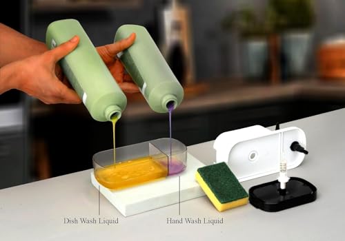 Image of TEKCOOL Plastic 3 in 1 Soap Pump Dispenser Dish Soap Liquid Dispenser Sponge Holder Dish Soap Pump Dispenser for Kitchen Sink Countertop Kitchen Bathroom (3 in 1), Multicolour