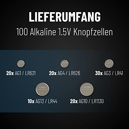 ABSINA 100er Pack Alkaline Knopfzellen Sortiment - Knopfzelle Set gemischt – Ansicht 4