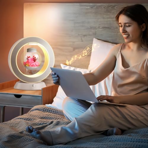 LoveLin,Magnetic Levitation Table Lamp with Bluetooth Speaker,5W Circle Variable Color Led Night Light,Rotate 360° Forever,Romantic Preserved Flowers Lamp for Restaurant Office & Home Decor