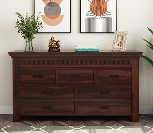 Image of Home Furniture Sheesham Wood Sideboard Cabinet with 3 Drawers and 3 Shelves for Living Room Furniture, Kitchen Cabinet Storage (Walnut Finish)