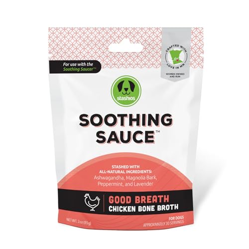 Image of Stashios Soothing Sauce Chicken Bone Broth Good Breath Powder Supplement for Dogs, All Natural Anxiety Relief, Made in The USA, 3 oz