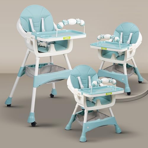 Image of Baybee 3 in 1 Auro Baby High Chair for Kids | Feeding Chair with 3 Height Adjustable & Basket, Booster Seat with Food Tray, Toy Bar & Safety Belt | High Chair for Baby 6 Months to 4 Years Boys Girls (Green)