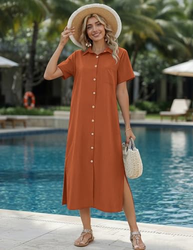 Image of HOTOUCH Womens Dress Summer Casual Midi Short Sleeve Button Down Shirt Dresses Loose Beach Cover Up with Pockets