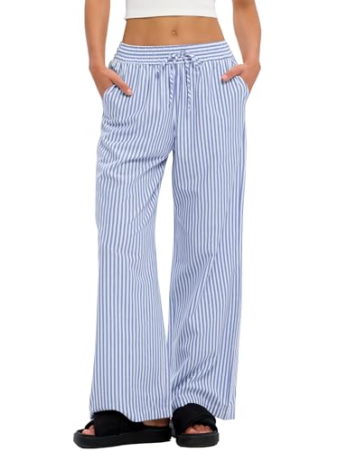 Rapbin Damen Loungehose Lang Weich Pyjamahose Schlafhose Sommerhose 2026 mit Taschen Gestreifte Dunkelblau