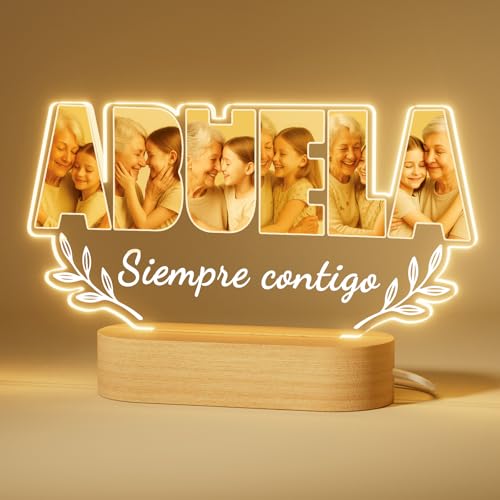 iDIY Luz Nocturna Personalizada para Abuela - Regalo para Día de los Abuelos, Cumpleaños, Navidad - Lámpara LED con Foto y Texto Grabados