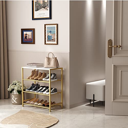 Image of HOMEFORT 4-Tier Shoe Rack, Shoe Storage Shelf, Industrial Shoe Tower, Narrow Shoe Organizer for Closet Entryway, Small Shoe Rack Table with Durable Metal Shelves, Gold