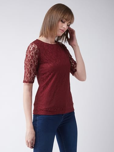 Image of Miss Chase Women's Round Neck Half Sleeves Cotton Lace and Pearl Detailing