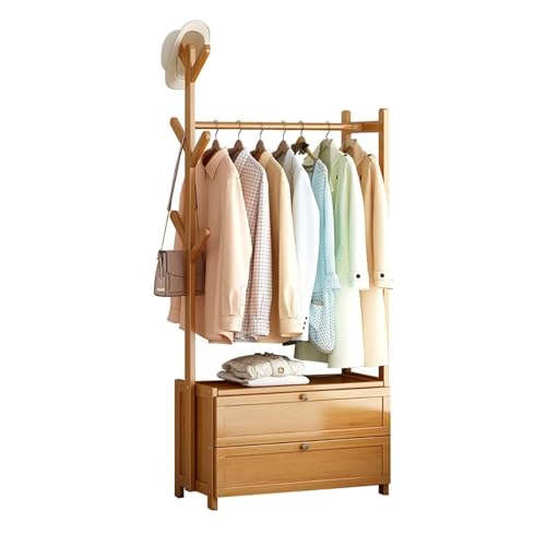 Barra Para Ropa De Bambú, Estante Resistente De 150 Kg Con Zapatero Para Colgar Ropa, Estantes De Almacenamiento Y 6 Ganchos Para Abrigos, Rieles Independientes,70x30x138cm,Wood