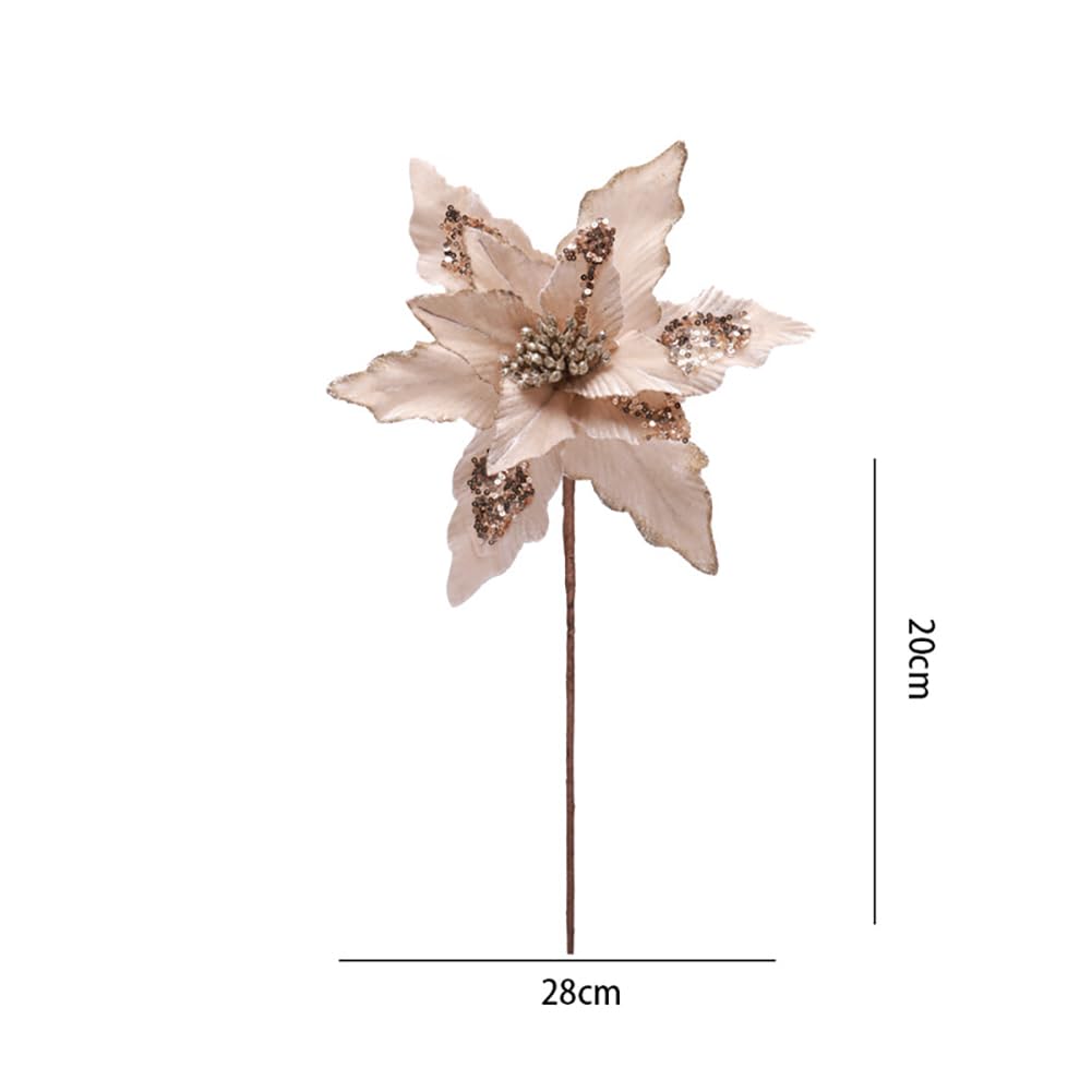 vctops Lot de 6 poinsettia artificielles à paillettes brillantes pour sapin de Noël, couronne d'ornement, Nouvel An, fête de mariage, vacances, décoration à faire soi-même, champagne