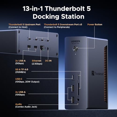Image of UGREEN 13-in-1 Thunderbolt 5 Docking Station, 120Gbps Max Transfer, Single 8K@60Hz, Dual 6K@60Hz Display, 140W Power Charging Revodok Max 2131 with 2.5GbE, SD /TF 4.0 (Includes US /EU /UK Power Adapter)