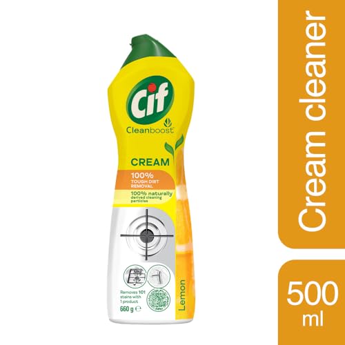 Cif Abrasive Surface Cleaner Cream, Lemon| Kitchen & Bathroom, Removes Grease, Dirt & Tough Stains with Natural Cleaning Particles, 500 ml (Image - 2)