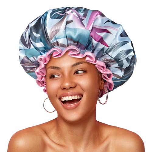 mikimini Large Shower Cap for Women Reusable Waterproof Hair Cap for Shower with Double Layers Tropic Style Hair Cover with Elastic Band for Shower suit for Long Hair Braids