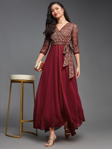 Image of Miss Chase Women's Round Neck Cap Sleeves Lace Knee -Long Skater Dress